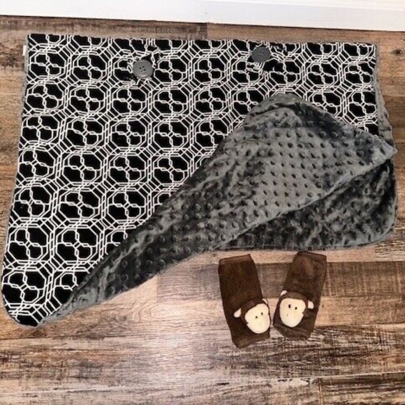 Black and charcoal gray Minky Car Seat Cover. Brown Monkey plush straps - Picture 1 of 1